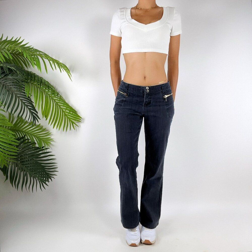 Womens Vintage Y2K Navy Indie Grunge Low Rise Streetwear Bootcut Cargo Jeans / 9 - Picture 4 of 6